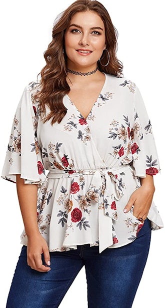 Romwe Women's Floral Print Peplum Blouse 