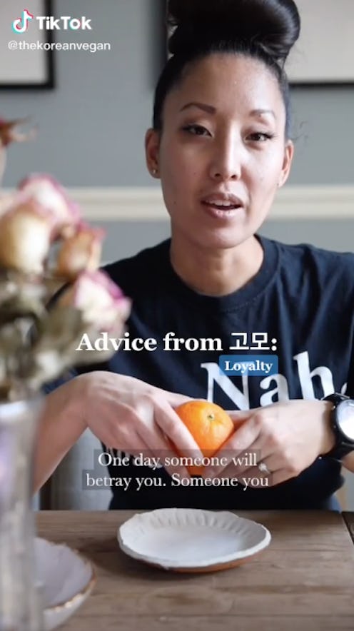 A screenshot of a TikTok where Joanne Molinaro, the Korean Vegan, dishes tough love while peeling an...