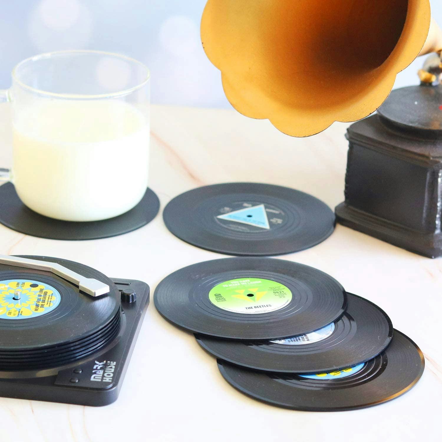 DuoMuo  Retro Vinyl Record Coasters (Set Of 6)