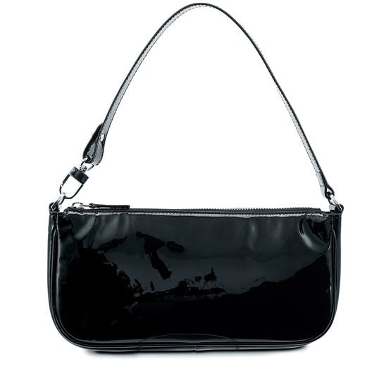 black patent baguette bag