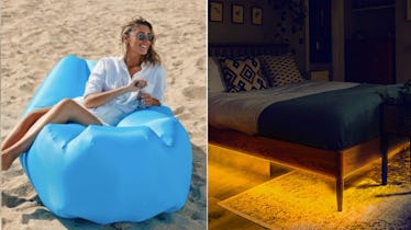A collage with Aster Outdoor Sunshade Sail and GZBtech Under Bed Lighting found on Amazon.