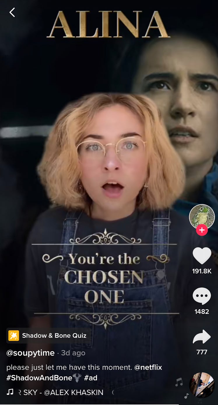 A TikToker takes the 'Shadow and Bone' quiz on TikTok and gets Alina. 