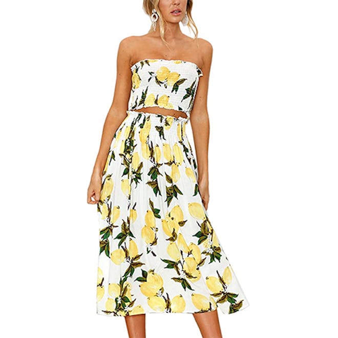 Angashion Floral Crop Top And Maxi Skirt (2-Piece Set)