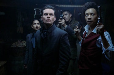 Amita Suman as Inej, Freddy Carter as Kaz, Archie Renaux as Mal, and Kit Young as Jesper in Shadow a...