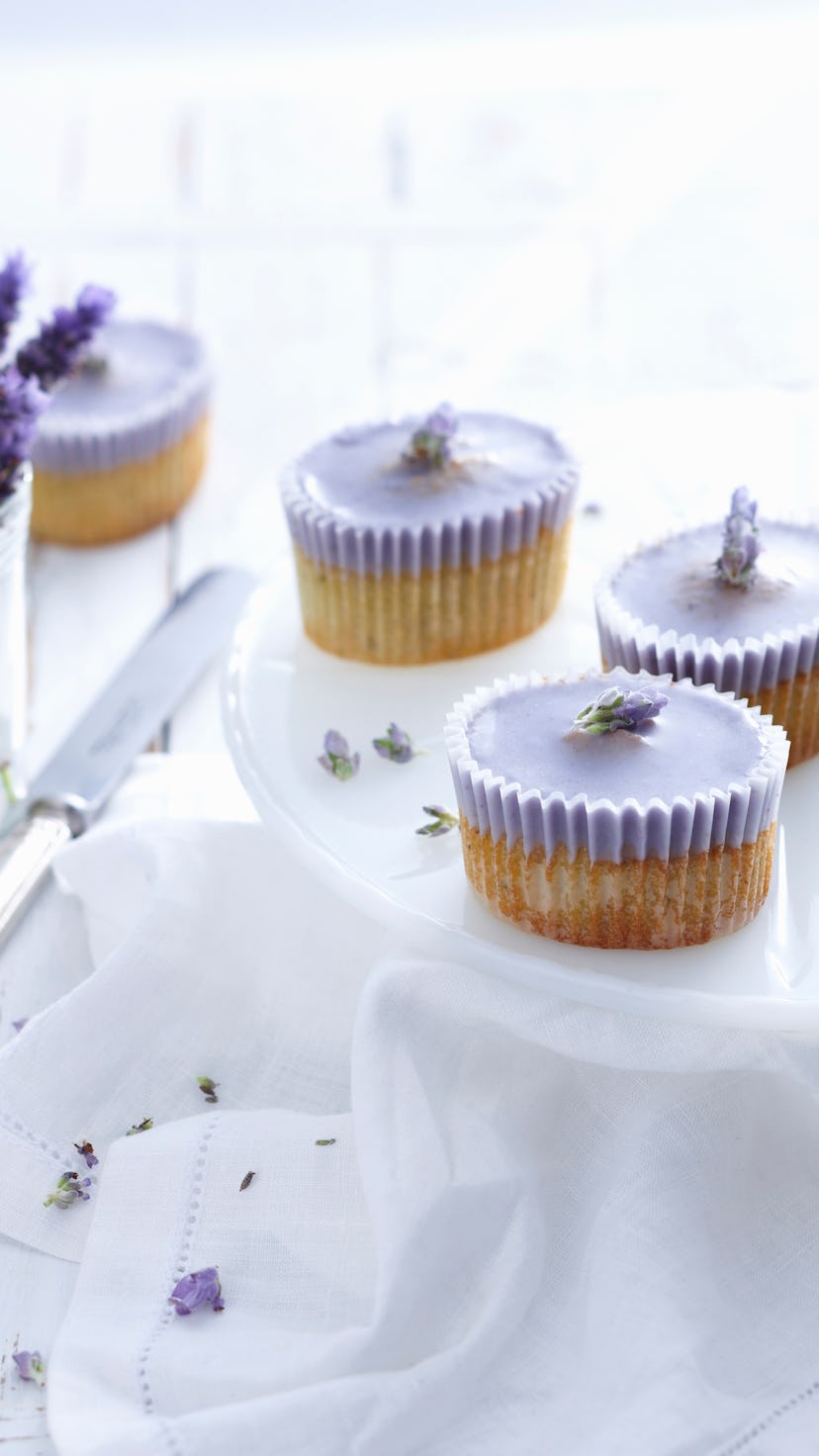 Tray of lavender cupcakes