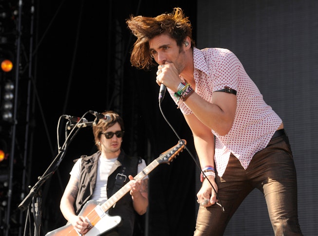 Nick Wheeler and Tyson Ritter of All-American Rejects perform at the 2012 Bamboozle Festival at Nort...