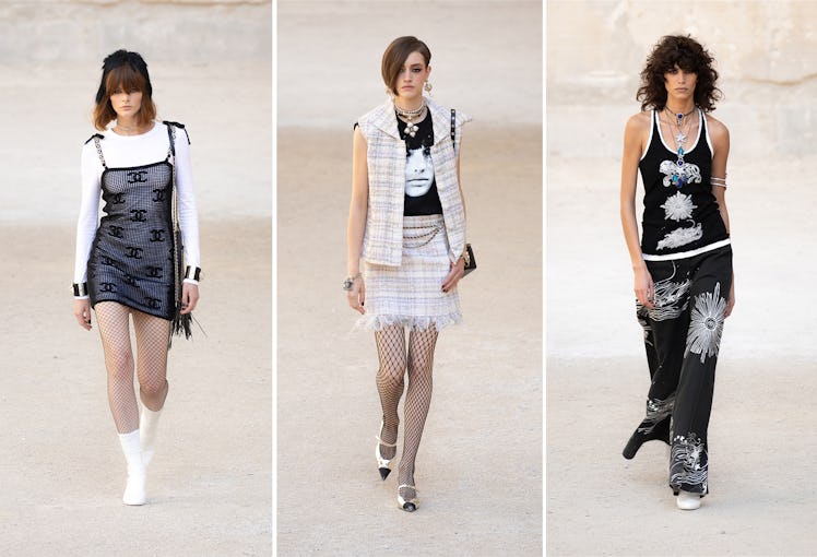 A three-part collage with model on the Chanel Cruise 2021 runway