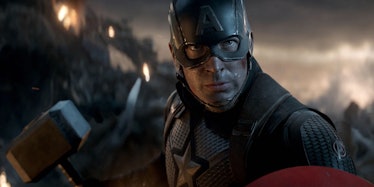 Captain America holding Thor's hammer in Avengers: Endgame