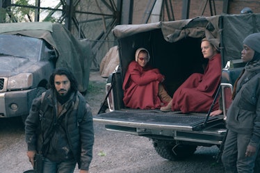 Omar Maskati, Elisabeth Moss, Madeline Brewer, and Nona Parker Johnson in The Handmaid's Tale