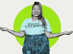 Entrepreneur Shelly Bell, wearing a t-shirt with "Made By A Black Woman : Black Girl Vision", smiles...
