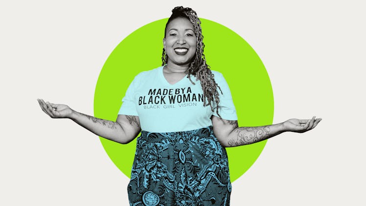 Entrepreneur Shelly Bell, wearing a t-shirt with "Made By A Black Woman : Black Girl Vision", smiles...