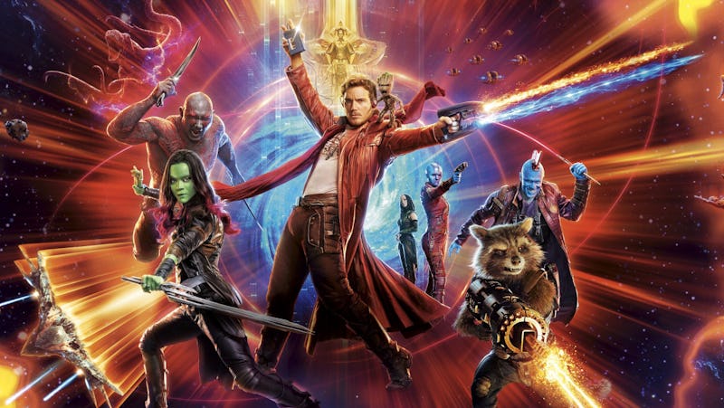 All group members of the Guardians of the Galaxy holding weapons
