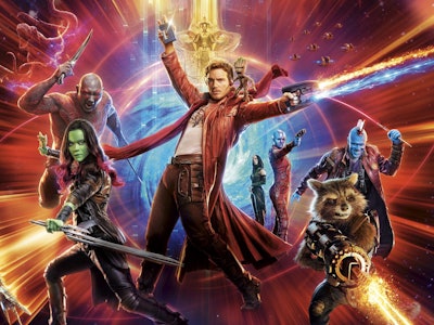 All group members of the Guardians of the Galaxy holding weapons