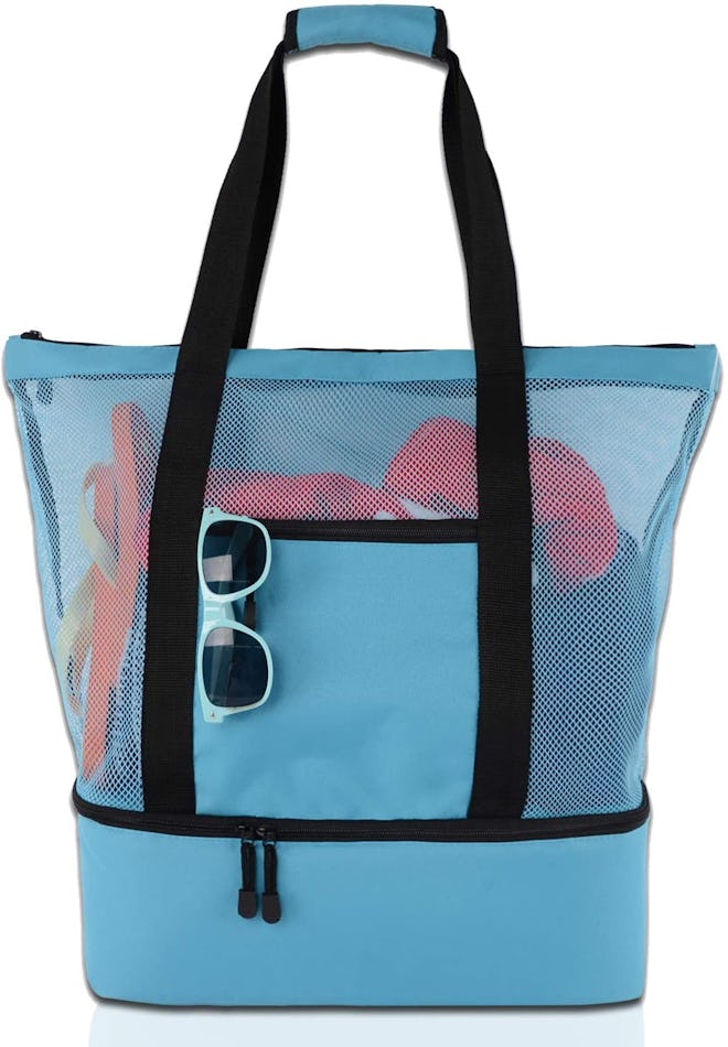 Hiverst Mesh Beach Tote Bag with Insulated Cooler Compartment