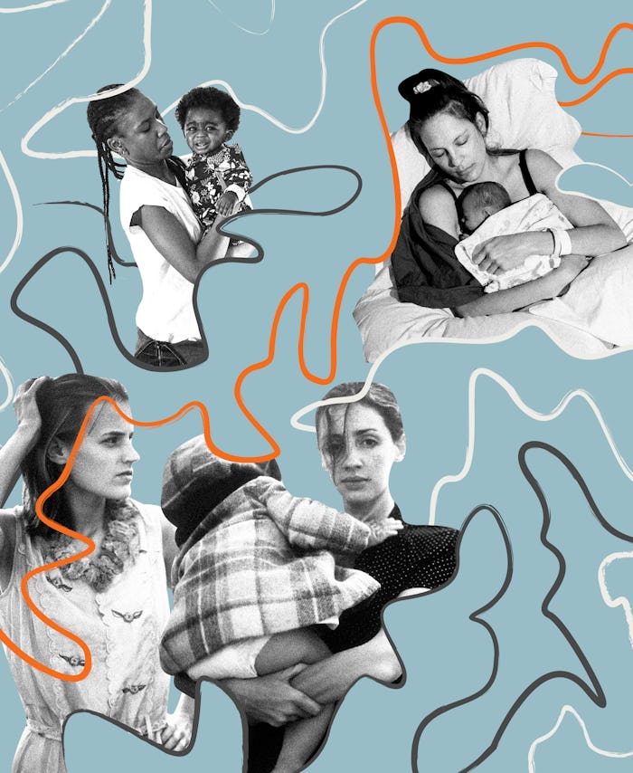 A collage of mothers struggling with postpartum despair holding their newborn babies.
