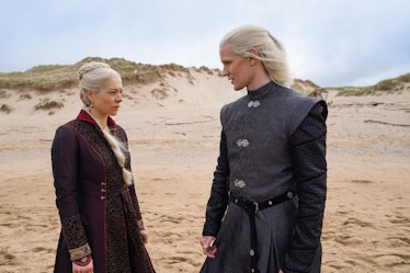 Emma D’Arcy as Princess Rhaenyra Targaryen and Matt Smith as Prince Daemon Targaryen on the beach in...