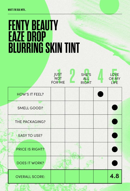 Fenty Beuty's eaze drop blurring skin tint score sheet.
