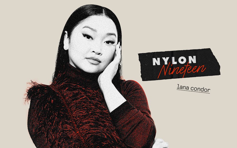 Lana Condor posing for "Nylon Nineteen" in a feathered sweater and orange skirt