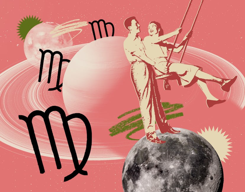 Man pushing a woman on a swing, looking at her lovingly with the Virgo signs and planets around them...