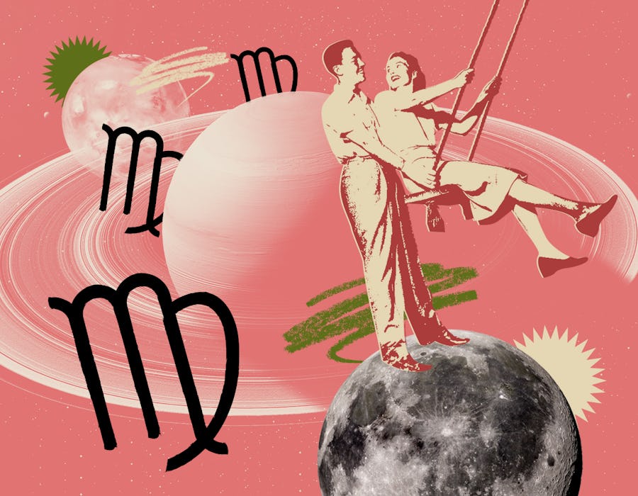 Man pushing a woman on a swing, looking at her lovingly with the Virgo signs and planets around them...