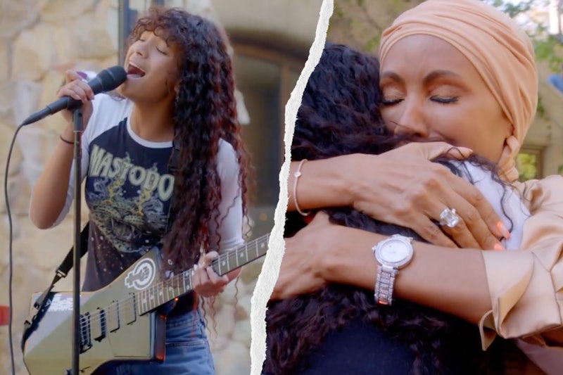 Two photos of Willow Smith singing “Bleed All Over Me” andhugging her mother Jada