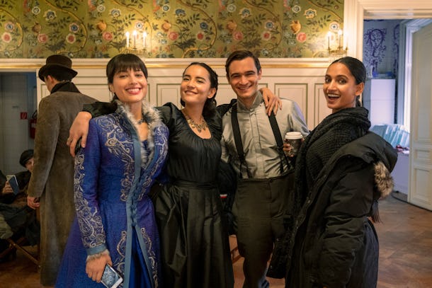 Sujaya Dasgupta as Zoya, Jessie Mei Li as Alina, Julian Kostov as Fedyor and Amita Suman as Inej behind the scenes of Shadow and Bone.
