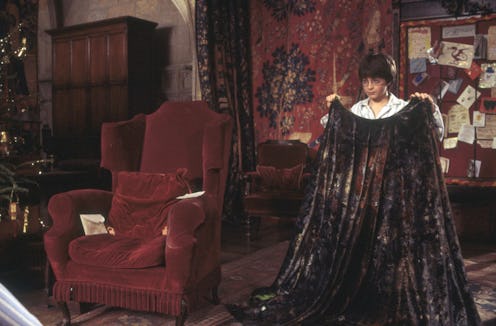 Harry Potter holding his invisibility cloak