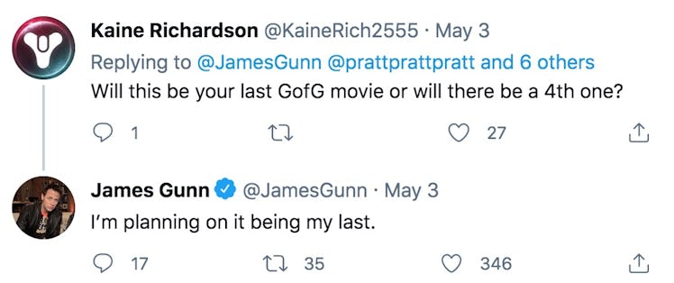 A tweet by James Gunn about ending the Guardians Of The Galaxy movies