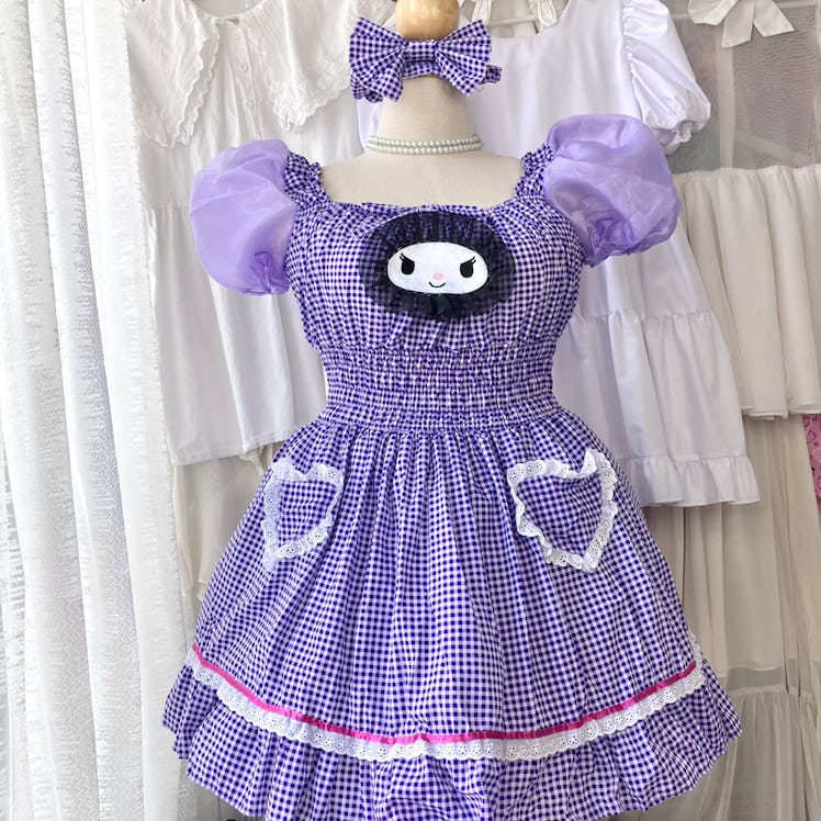 Petchgamploy Purple Kuromi Gingham Shirring Dress