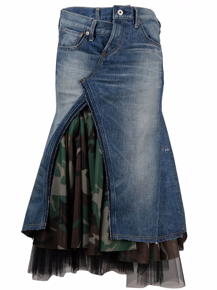 Asymmetrical Tulle-Layered Denim Skirt