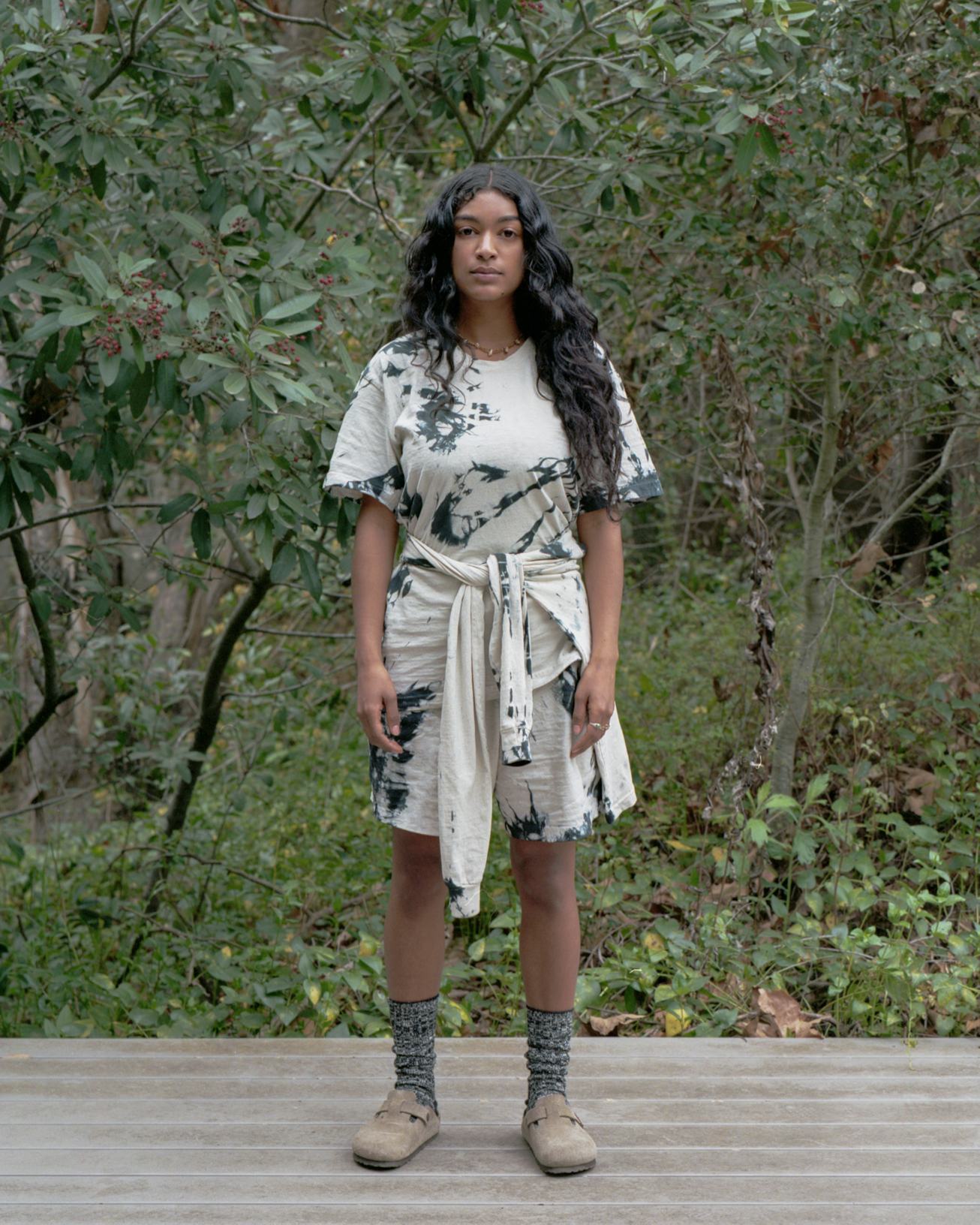 Esper, the Los Angeles-based designer's tie dye dress and a sweatshirt that wraps around the model's...