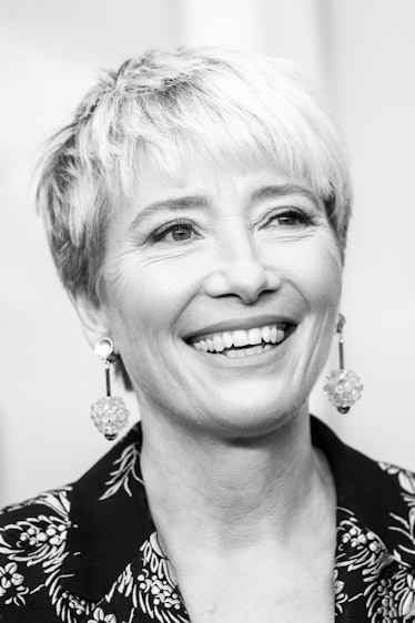 Emma Thompson smiling, wearing a blonde Pixie cut