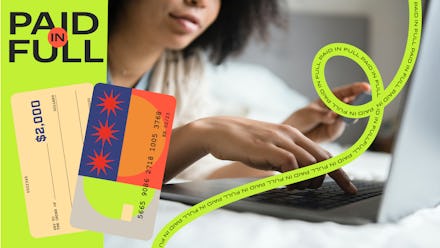A collage of a woman on her laptop performing a life audit, two credit cards and a green banner that...
