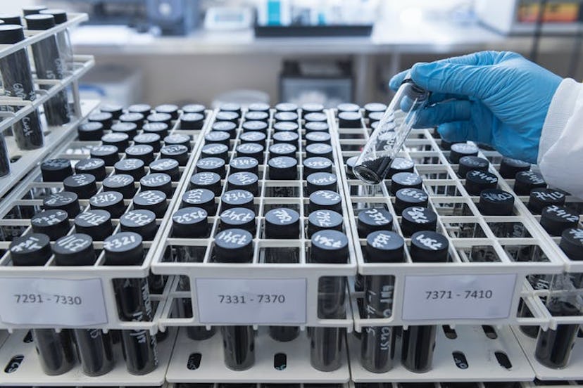 Batch samples of nano-scale graphene material at a graphene processing factory. 