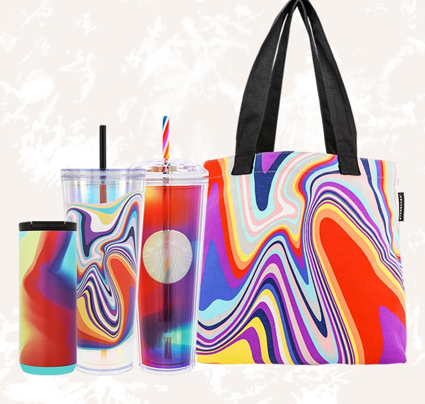 Starbucks 2021 pride merch features a tote bag and three new cups.