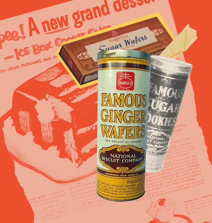 A collage photo with a box of Nabisco Sugar Wafers, cans of Famous Ginger wafers, and Famous sugar c...