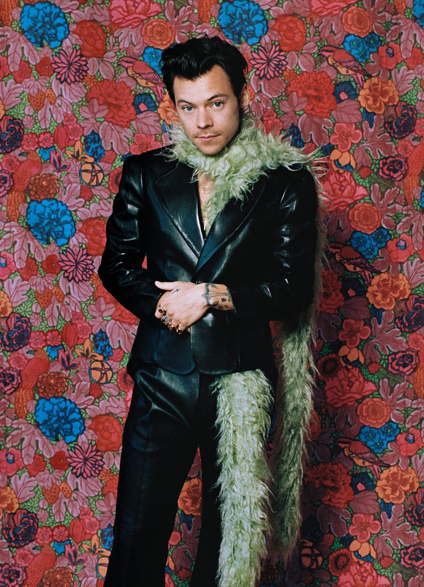 Harry Styles wearing a leather jacket and green boa