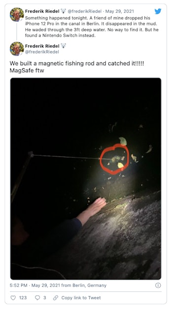A man in Germany recovered an iPhone 12 from a canal using a magnetic fishing line.