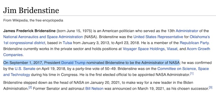 Wikipedia entry screeshot for Jim Bridenstine