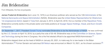 Wikipedia entry screeshot for Jim Bridenstine