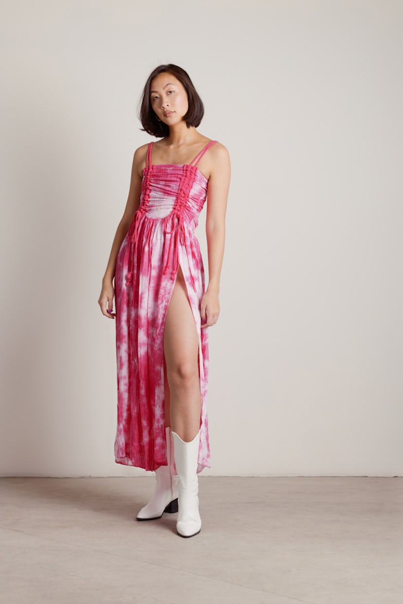 Give Me Attention Tie-Dye Ruched Slit Maxi Dress in Pink