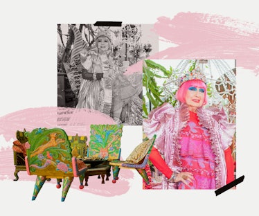 A collage with Dame Zandra Rhodes in a pink outfit an floral furniture from her London Penthouse