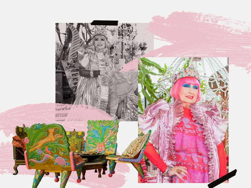 A collage with Dame Zandra Rhodes in a pink outfit an floral furniture from her London Penthouse