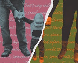 A collage with two parents, both holding their baby's hand with a torn paper effect representing co-...