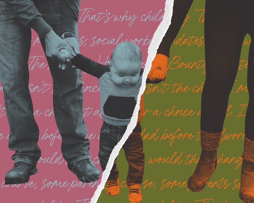 A collage with two parents, both holding their baby's hand with a torn paper effect representing co-...