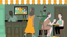 An illustration of a woman entering a bar with people and waiters who are wearing face masks