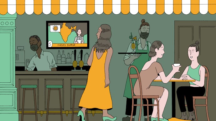 An illustration of a woman entering a bar with people and waiters who are wearing face masks