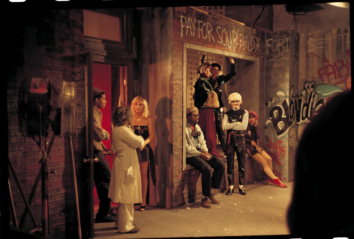 Debbie Harry, Jean-Michel Basquiat, and Fab 5 Freddy with others on the set of Blondie’s “Rapture” music video