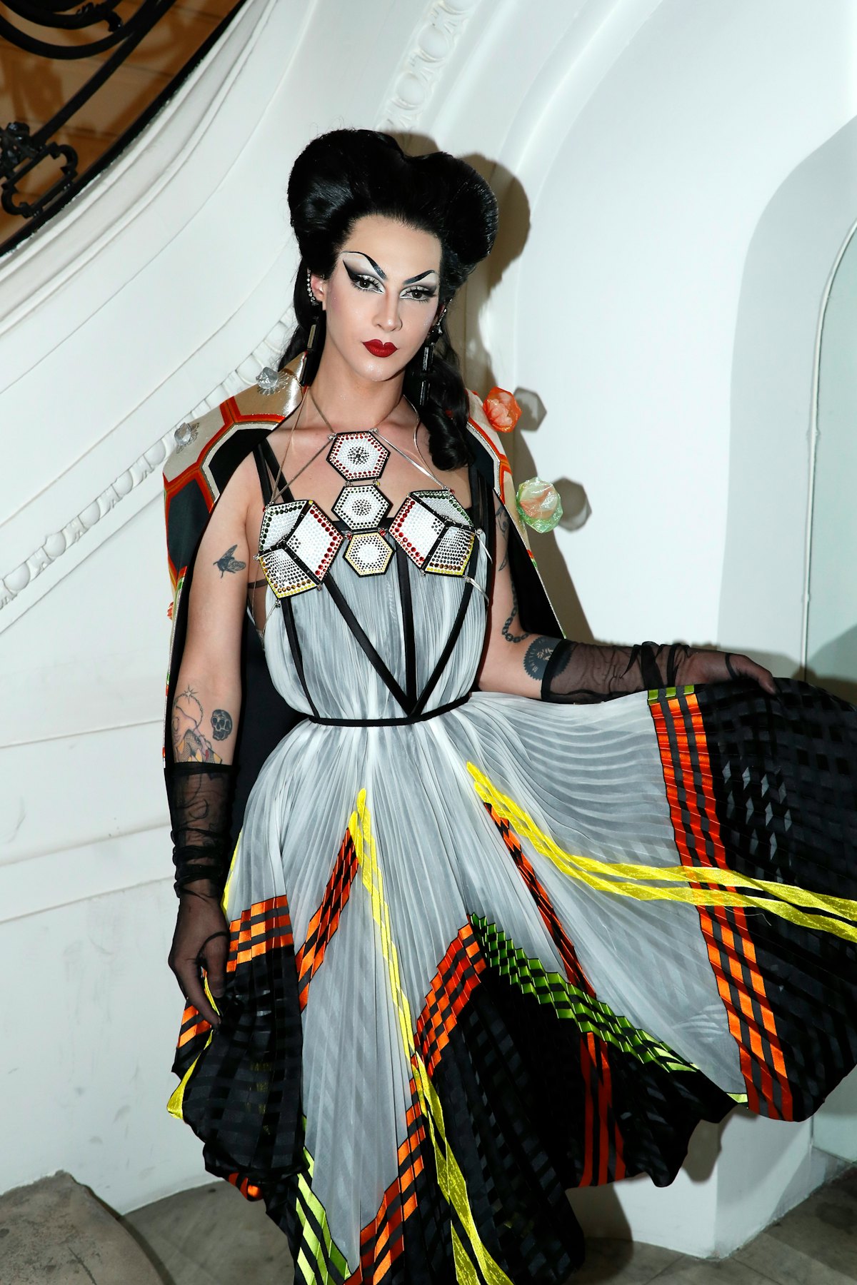 Violet Chachki in a pattern dress. 