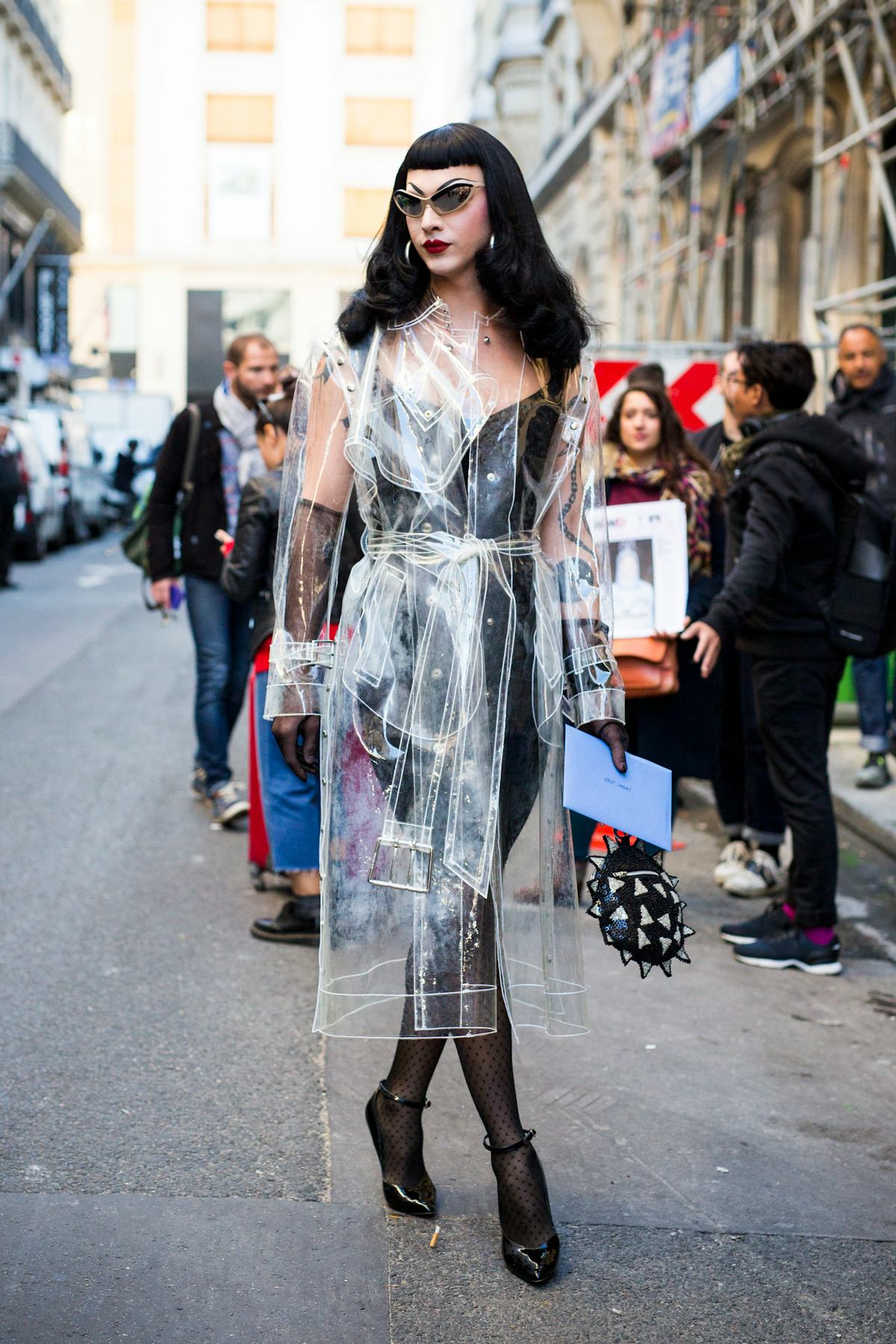 Violet Chachki in vinyl coat.